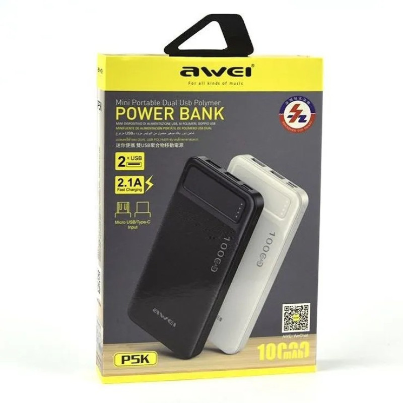 AWEI P5K 10000mAh Mini Portable Dual Usb Polymer Power Bank