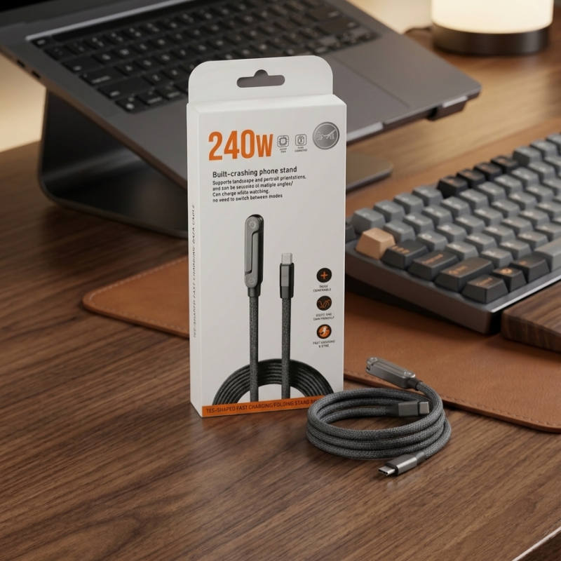 240W 5A Fast Charging & Sync USB-C to USB-C Cable – Braided Cord with Built-in Folding Phone Stand for Landscape & Portrait Viewing