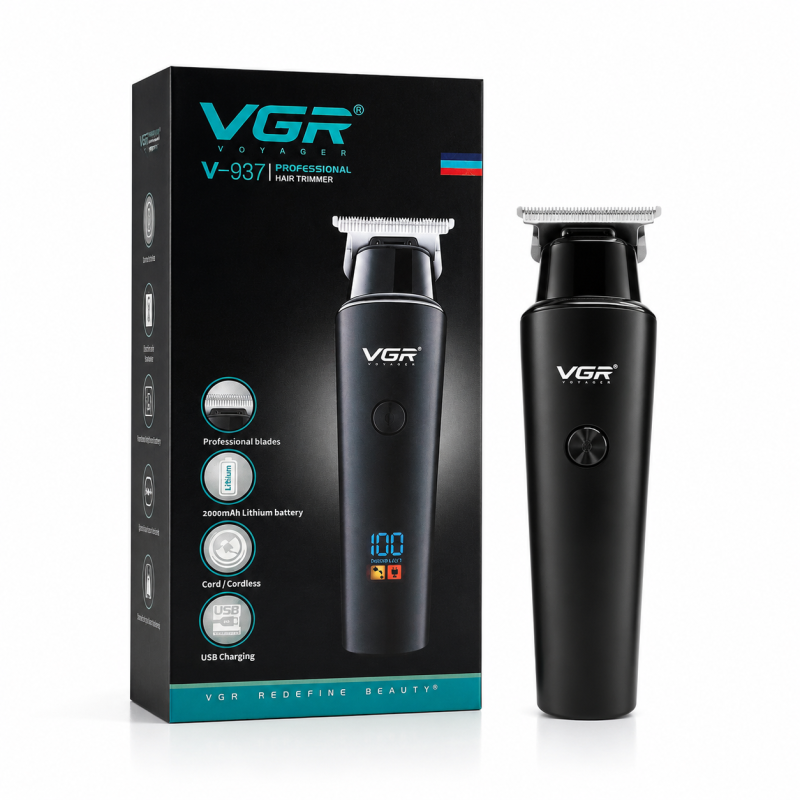VGR V-937 Professional Cordless Hair & Beard Trimmer for Men – 500 Min Runtime, 2000mAh Battery, Smart LCD Display, Type-C & Zero Gap Stainless Steel Blade (Black)