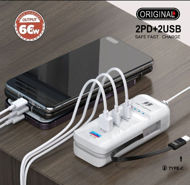 5-in-1 Multi-Functional Rack Charger 66W – Desktop Fast Charging Station with 2PD, 2USB Ports & Built-in Type-C Cable