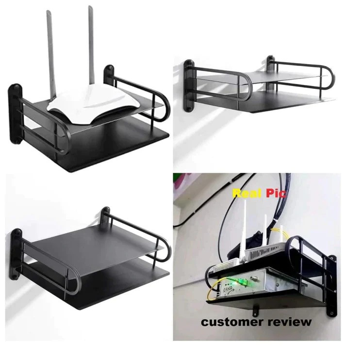 2-Layer Wall Mounted WiFi Router Stand & Storage Box – Black Aluminium Metal Set-Top Box Holder, Modem Shelf & Cable Organizer for Home and Office
