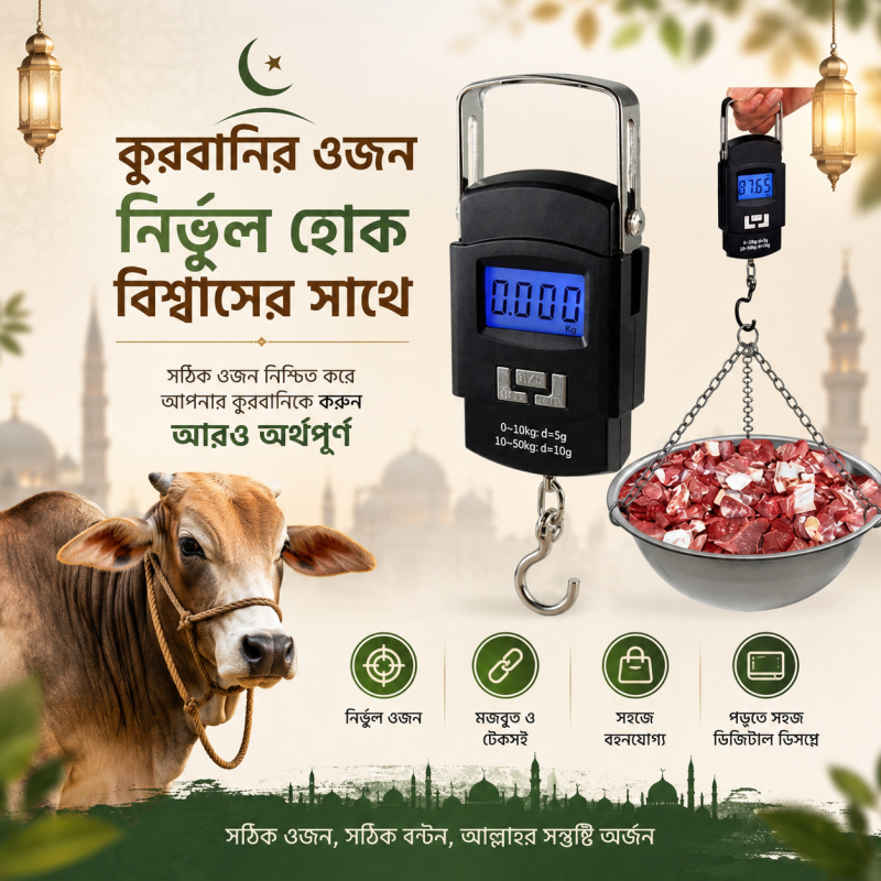 Portable Digital Hanging Weight Scale – 50kg/10g Electronic Hook Weighing Machine with LCD Display, Tare Function & Auto Shut-Off for Home, Market & Luggage