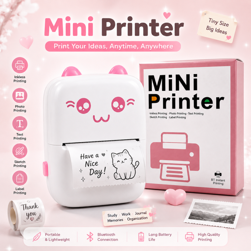 Portable Bluetooth Pocket Printer – Inkless Thermal Photo & Label Printer with Wireless App Connectivity, Rechargeable USB Battery & Compact Design
