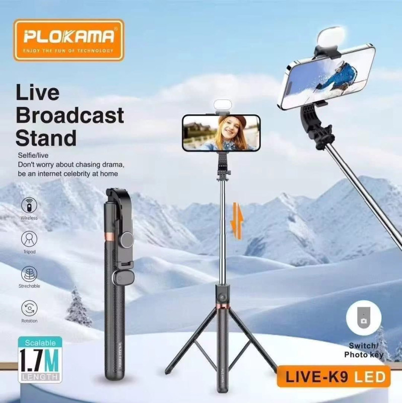 LIVE-K9 LED Selfie Stick & Live Broadcast Stand – 3-in-1 Extendable Tripod with Rechargeable Fill Light, 360° Rotation & Bluetooth Remote for Vlogging & Streaming