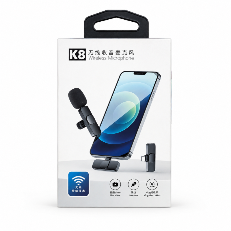 K8 Wireless Lavalier Microphone – Plug & Play Omnidirectional Clip-On Mic with Noise Cancellation, 65ft Range & Auto-Pairing for YouTube Vlogging, Live Streaming & Online Classes (Type-C & iPhone)