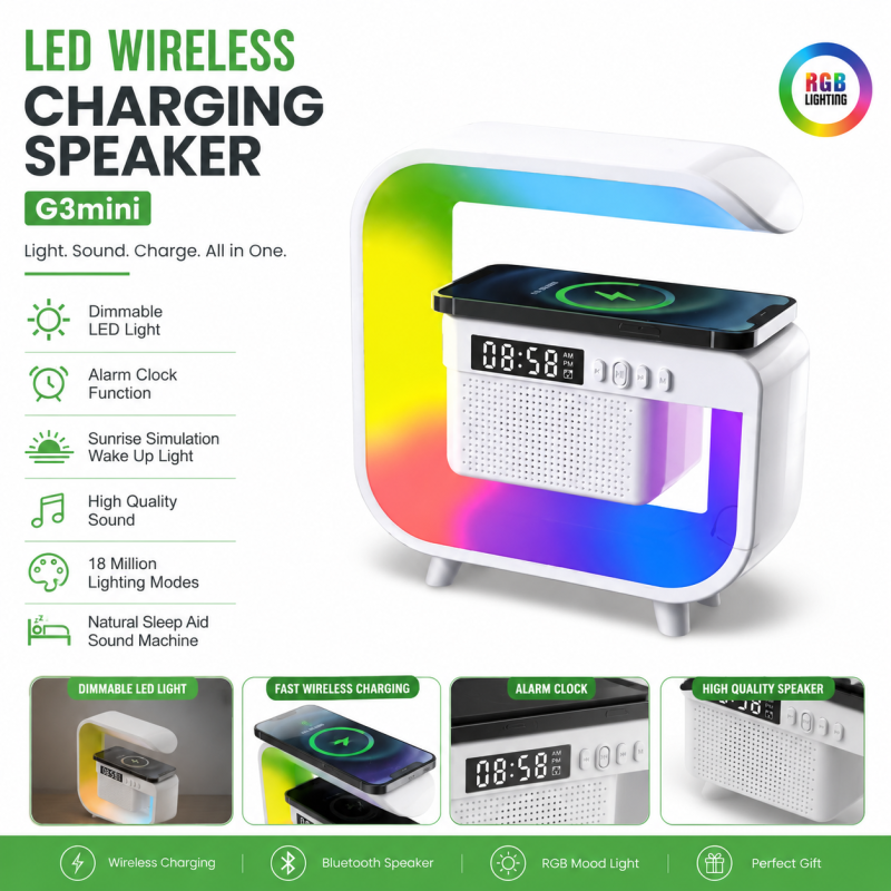 G3 Mini Smart Light Bluetooth Speaker – Multifunctional RGB Night Light with Wireless Charger, Digital Alarm Clock, Sunrise Simulation & Natural Sleep Sound Machine