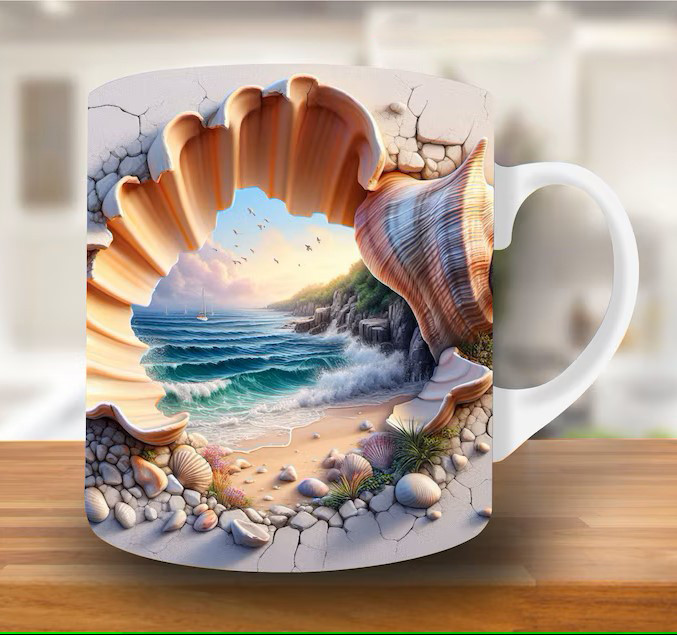 Ocean Shell Mug – Premium Ceramic Coffee Mug with 3D Seaside Shell Wraparound Design, Microwave & Dishwasher Safe
