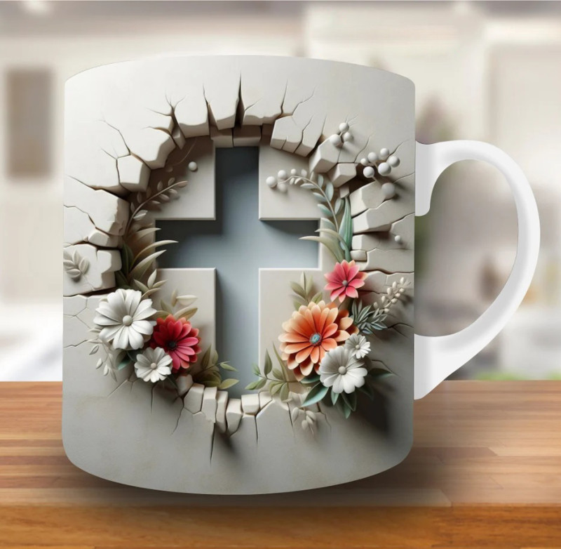 Christian Cross & Floral Ceramic Mug – Premium Wraparound Design Coffee Mug, Microwave & Dishwasher Safe