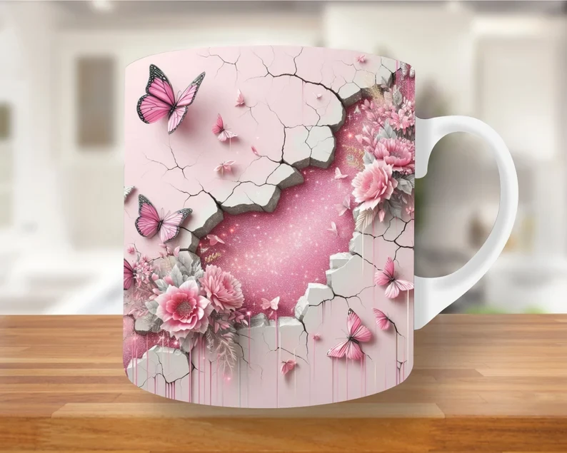 Pink Butterfly & Floral Ceramic Mug – Premium Wraparound Design Coffee Mug, Microwave & Dishwasher Safe