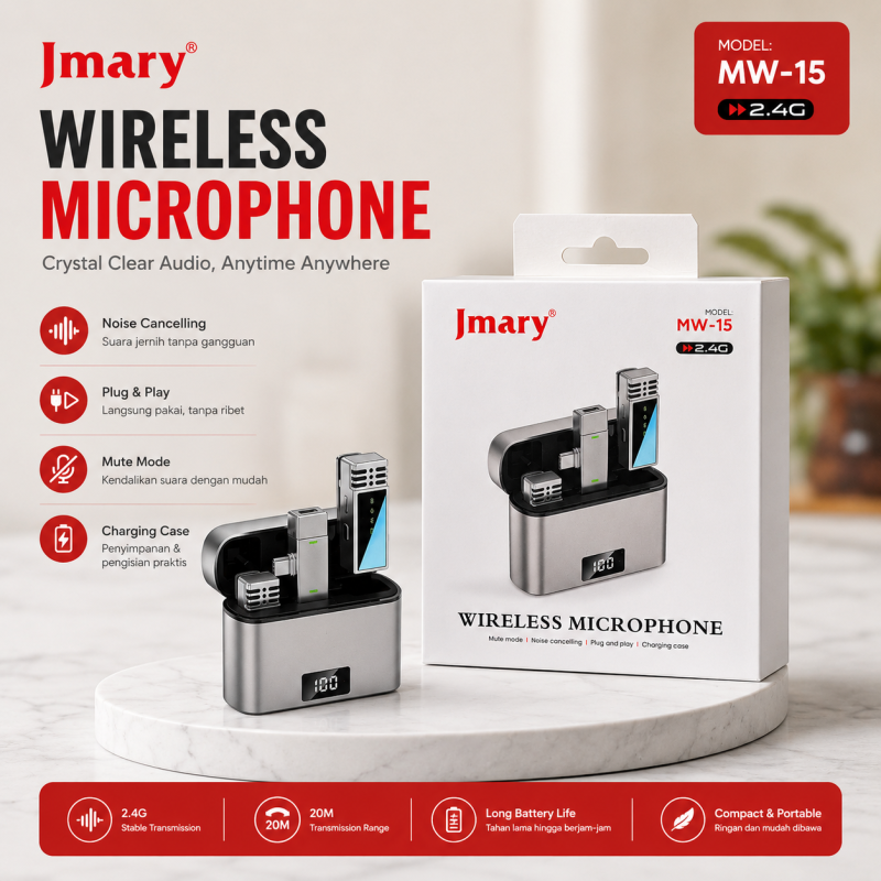 Jmary MW-15 2.4G Dual Wireless Lavalier Microphone – Type-C Plug & Play Mic with 48H Battery Charging Case, 20M Range & Low Latency for Mobile Vlogging & Interviews