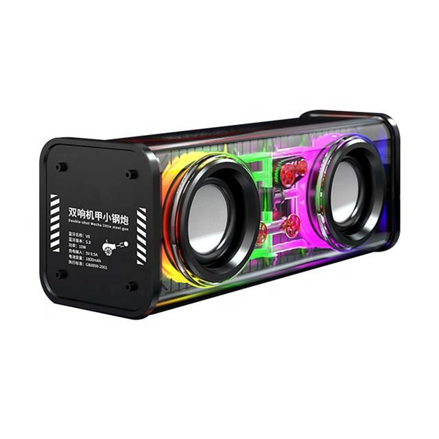 V8 Transparent Mechanical TWS Wireless Bluetooth Speaker – Futuristic See-Through Design, Subwoofer Stereo Sound, RGB LED Lights & 1800mAh Battery