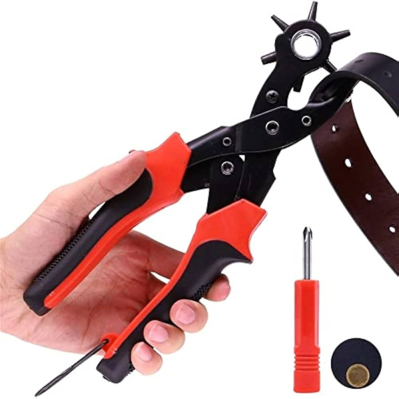 Heavy Duty Rotary Leather Hole Punch Plier – 6-in-1 Adjustable Punch Tool with 2mm to 4.5mm Sizes, Ergonomic Anti-Slip Grip for Belts, Watch Straps & Leather Crafts