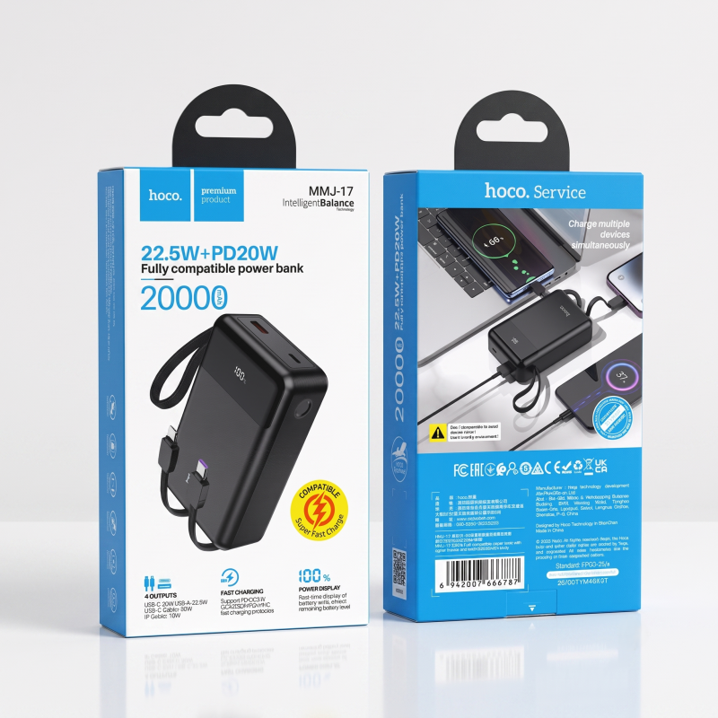 Hoco MMJ-17 20000mAh Fast Charging Power Bank – 22.5W & PD 20W Portable Charger with Dual Outputs, LED Digital Display & Multi-Protection Safety