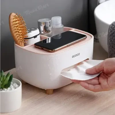 ECOCO Multifunctional Large Tissue Box & Storage Holder – Cute Desktop Napkin Dispenser with Phone Stand for Home, Office & Car