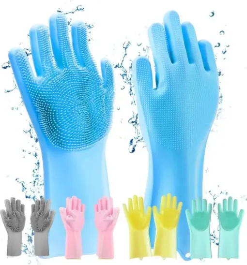 2 Pcs Magic Silicone Dish Washing Gloves – 2-in-1 Reusable Waterproof Cleaning Gloves with Built-in Scrubbers for Kitchen, Dishwashing & Heat Resistant up to 440°F (Multicolor)