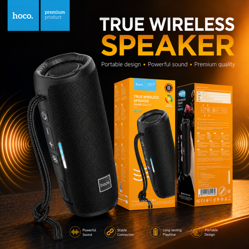 Hoco HC16 True Wireless Portable Bluetooth Speaker – 10W Stereo Sound, RGB Breathing Light, 1200mAh Battery, TF/USB/AUX Support & IPX4 Water-Resistant