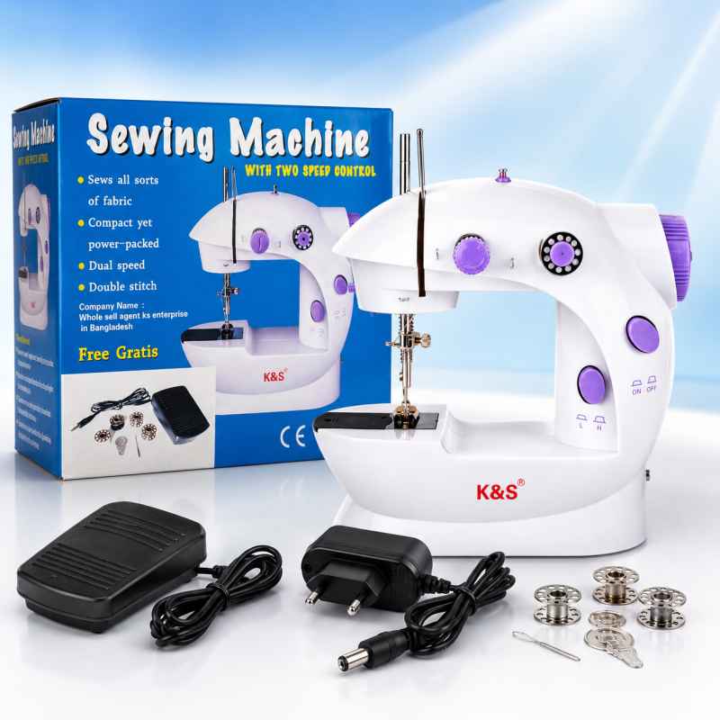 Portable Sewing Machine MLSM-202 – Double Speed Compact Electric Sewing Machine with LED Light, Foot Pedal, Built-in Cutter & Dual Thread System for Home Use
