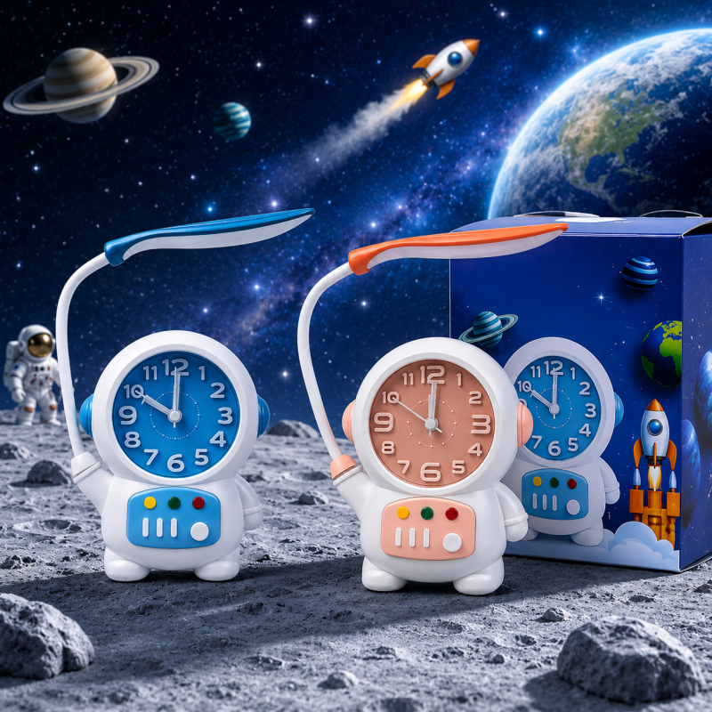 Astronaut Desk Lamp with Alarm Clock – 2-in-1 Rechargeable Kids Study Light and Night Light with Flexible Neck