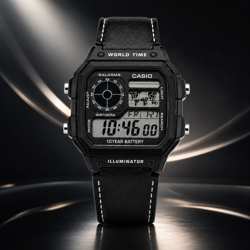 Casio Illuminator Vintage Digital Leather Strap Watch – World Map Display, Long Battery Life, Water Resistant, Formal & Casual Wristwatch with Premium Gift Box & Extra Batteries