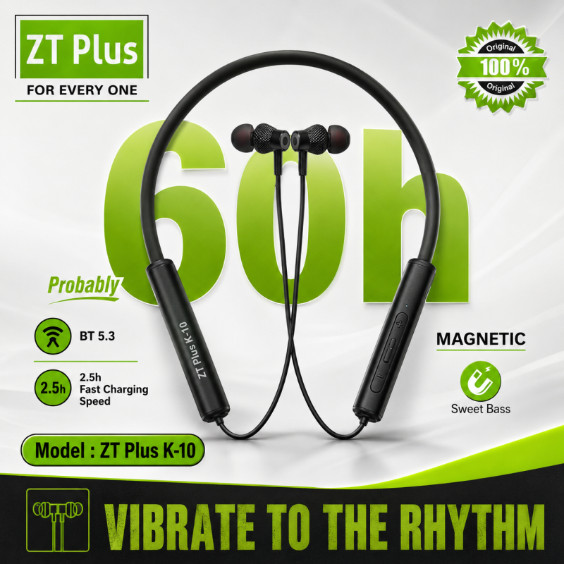 ZT Plus K-10 Wireless Bluetooth Neckband Earphone – Bluetooth 5.3 Headset with 60H Battery Life, Sweet Bass, 2.5H Fast Charging & Magnetic Earbuds