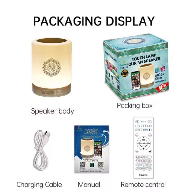 SQ-112 Smart Touch Lamp Quran Speaker – Touch Control LED Night Light with Full Quran Recitation, Azan Time, Bluetooth, Remote & Mobile App Control