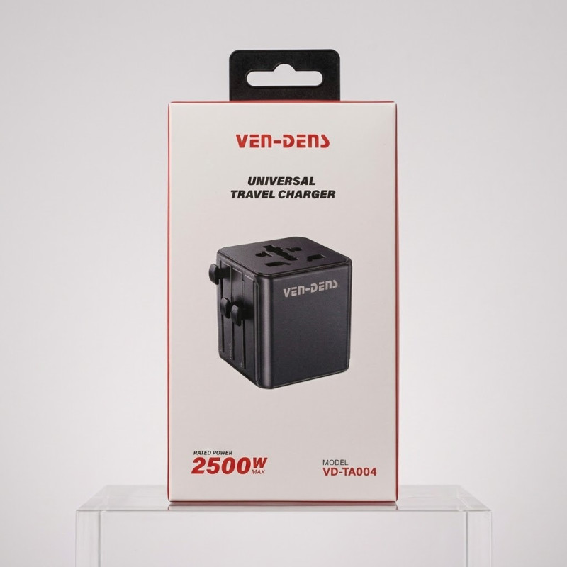 VEN-DENS 4-in-1 Universal Travel Adapter – 2500W Fast Charging All-in-One World Travel Plug with EU, AU, UK, US Pins & Child Safety Shutter