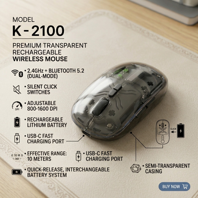 K-2100 Transparent Dual-Mode Rechargeable Wireless Mouse (2.4GHz & Bluetooth 5.2) – Crystal Clear Design, Silent Click, Type-C Charging, 3-Level Adjustable 800/1200/1600 DPI & Wide Compatibility