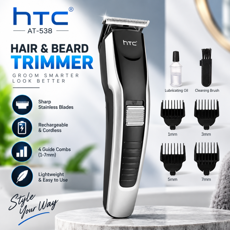 Original HTC AT-538 Rechargeable Hair & Beard Trimmer for Men – Cordless Grooming Kit with Dual Battery Support, 4 Guide Combs & Charging Indicator