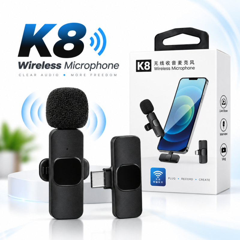 K8 Wireless Lavalier Microphone – Plug & Play Omnidirectional Clip-On Mic with Noise Cancellation, 65ft Range & Auto-Pairing for YouTube Vlogging, Live Streaming & Online Classes (Type-C & iPhone)