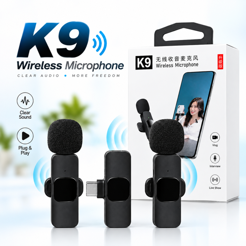 Wireless K9 Lavalier Microphone – 2.4GHz Clip-On Mic with 9ms Ultra-Low Latency, 20M Range, Intelligent Noise Reduction & 10H Battery for Mobile & Camera