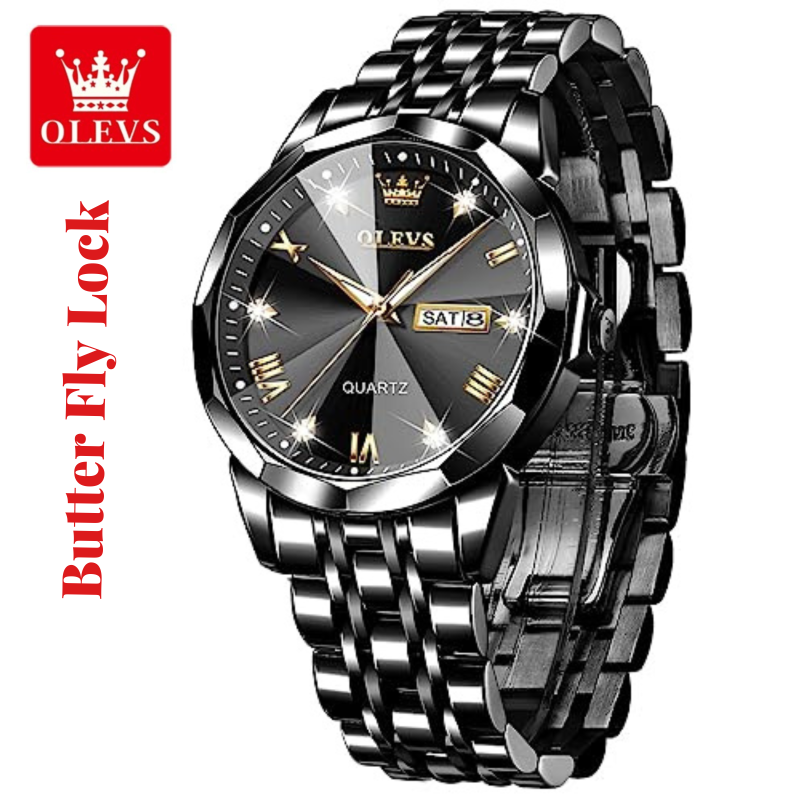 Butter Fly Lock OLEVS 9931G New Exclusive Design Quartz Watch for Men Full Black