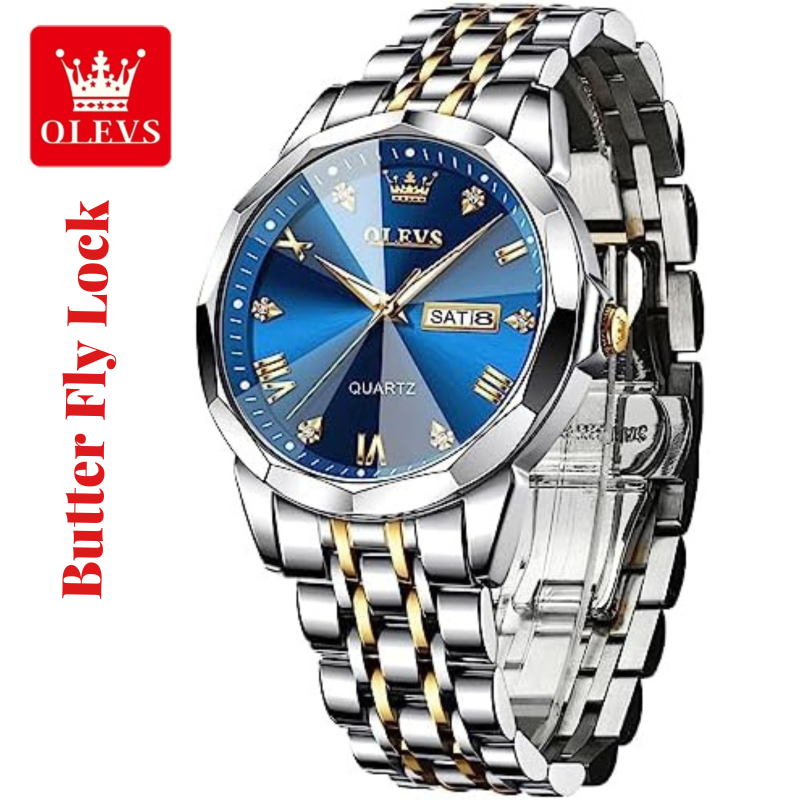 Butter Fly Lock OLEVS 9931G New Exclusive Design Quartz Watch for Men (Blue)