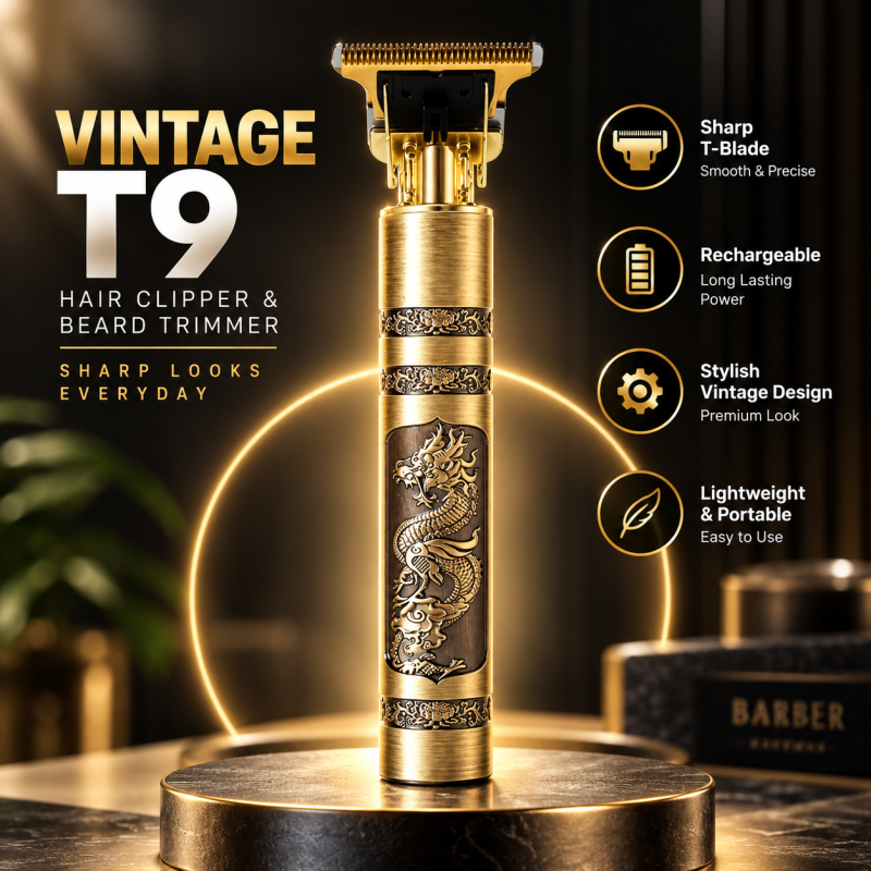Rechargeable Vintage T9 Hair Clipper & Beard Trimmer – Cordless Stainless Steel Men’s Grooming Kit with USB Charging, 360-Degree Close Shave & 120-Min Battery Life