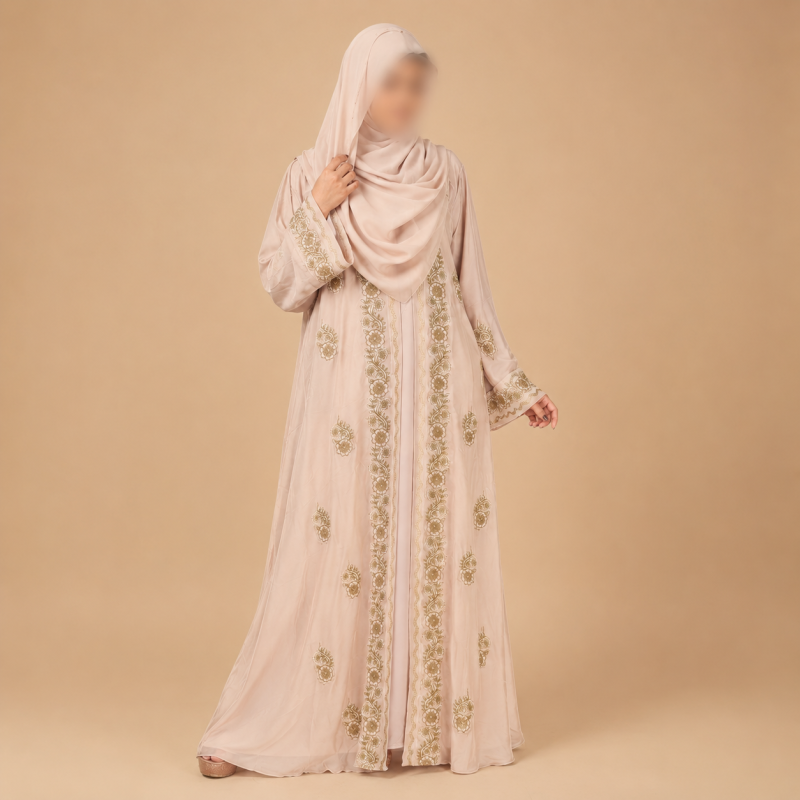 Premium Zafran Felix Luxury Abaya with Embroidery & Stone Work | Matching Hijab & Adjustable Inner | Modest Fashion Light Peach
