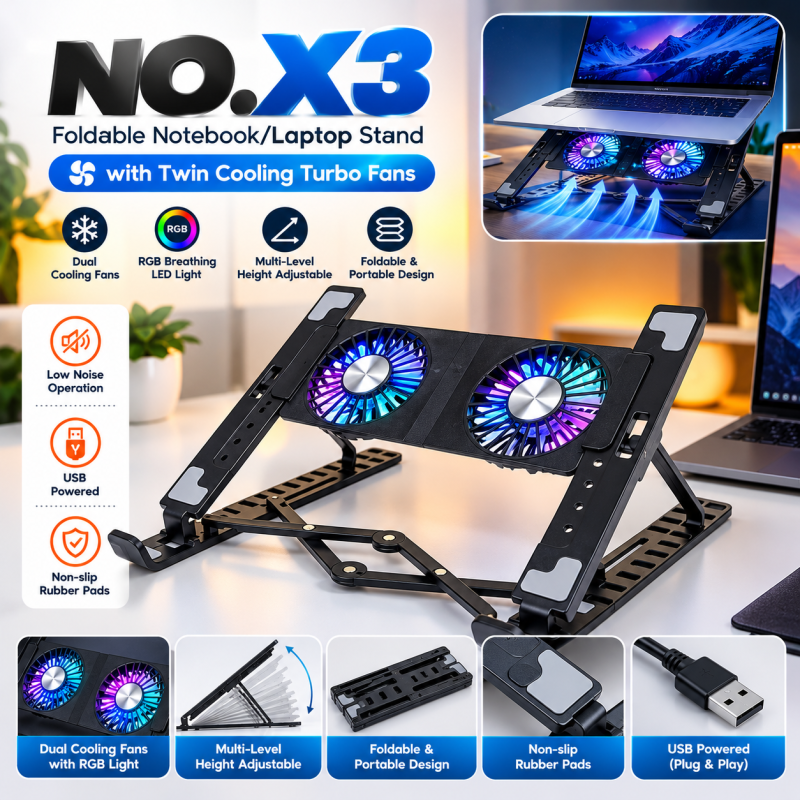NO.X3 Premium Foldable Laptop Stand with Dual Cooling Fans & RGB Breathing Light