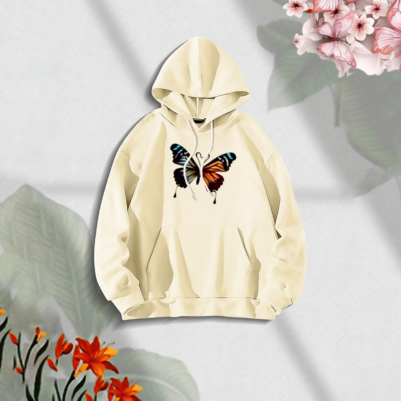 Premium Comfortable Stylish (Butterflies-off white) Ladies winter hoodie