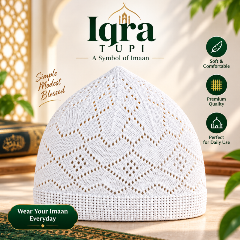Premium Soft Cotton Turkish Iqra Tupi for Men – Lightweight Breathable One Size Fits All Islamic Prayer Cap with Fitted Classic Design & High-Quality Muslim Wear Comfort