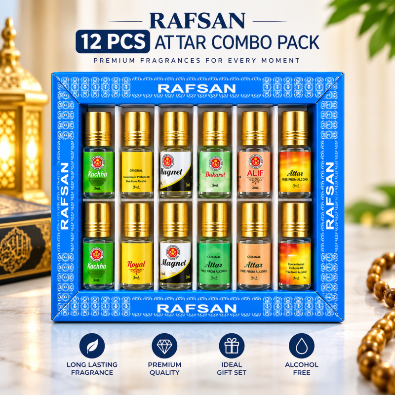 12 Pcs Halal Attar Combo Pack – 100% Alcohol-Free Concentrated Roll-On Perfume Oil Set (3ml Each) Featuring Magnet, Kacha Beli, Shahi Darbar, Bokul Ful, Rojoni Gandha & Gule Lala at Wholesale Factory 
