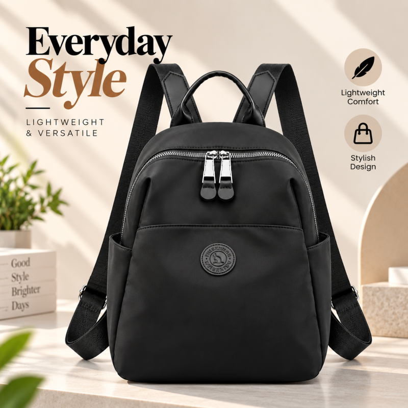 Women's Designer High-Quality Soft Nylon Backpack (Black) – Lightweight Simple Fashion Travel Daypack with Secure Zipper Closure, Multiple Interior Pockets & Spacious Capacity (25x12x29 cm)
