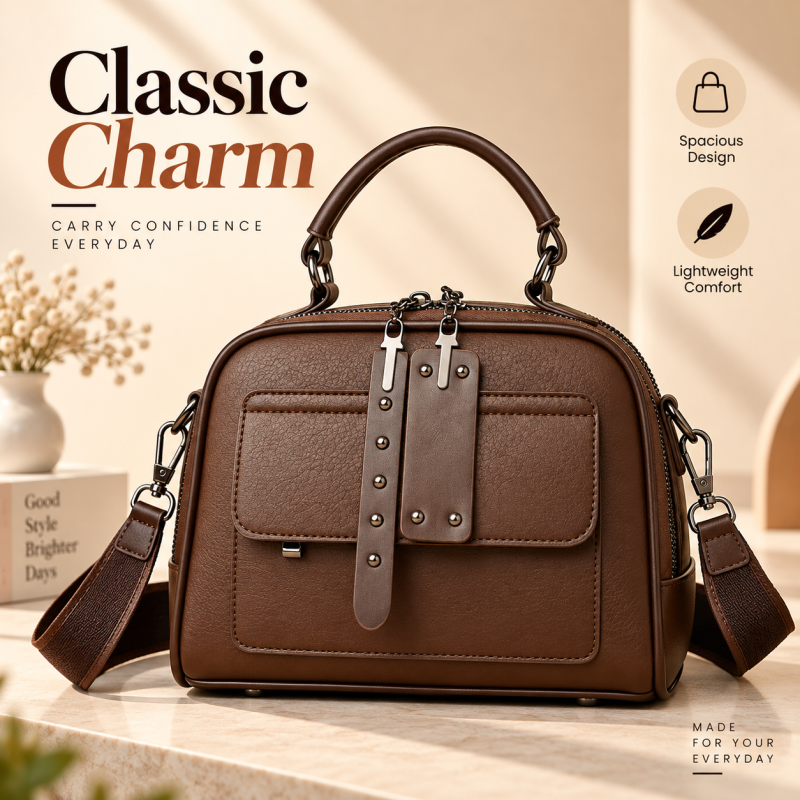 Huinian XR998-80 High-End Women's Large Capacity Commuting Handbag (Coffee) – Soft Synthetic Leather Multi-Layer Shoulder Purse with Trendy Chains, Pearls, Lock Decor & Secure Zipper Closure (30x25x13