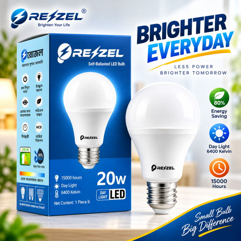 Rezzel Self-Ballasted LED Bulb 20W – High Lumen Energy Saving 6400K Cool White LED Light Bulb with 270° Beam Angle & 1 Year Warranty