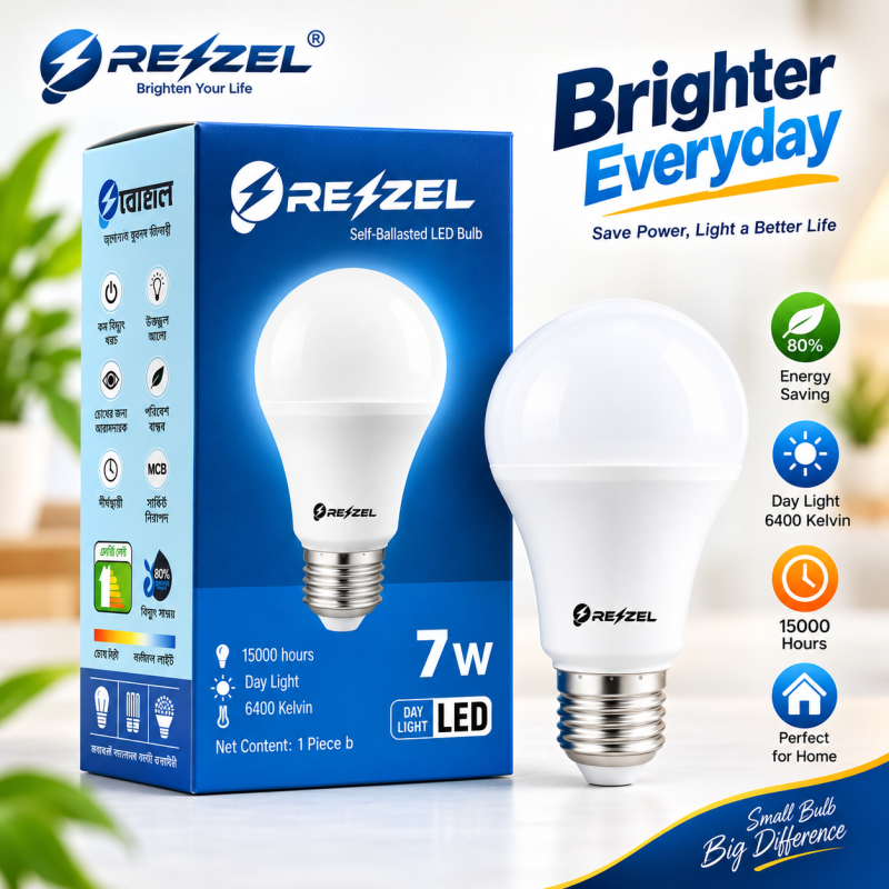 Rezzel Self-Ballasted LED Bulb 7W – Energy Saving 6400K Cool White LED Light Bulb with 270° Beam Angle, High Lumen Output & 1 Year Warranty