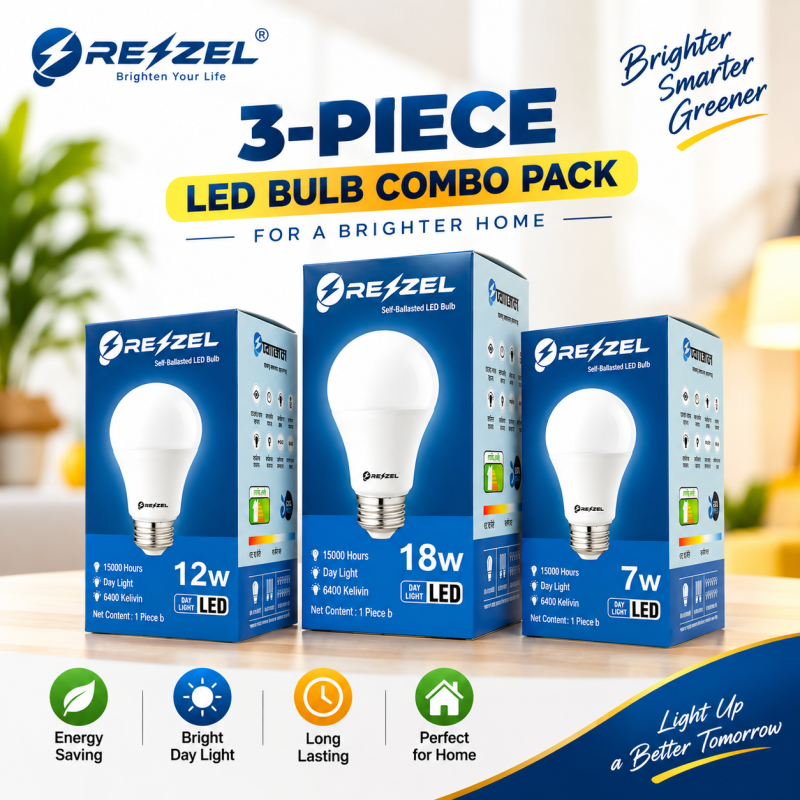 Rezzel LED Bulb 3-Piece Combo Pack (18w, 12w, 7w)