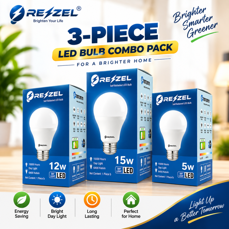 Rezzel LED Bulb 3-Piece Combo Pack (15W, 12W, 5W Assorted) – Energy Saving 6400K Cool White LED Bulbs with 270° Beam Angle, High Lumen Output & 1 Year Warranty