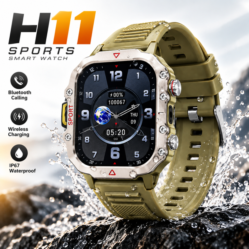 H11 Sports Smart Watch with Bluetooth Calling, Wireless Charging & IP67 Water-Resistant