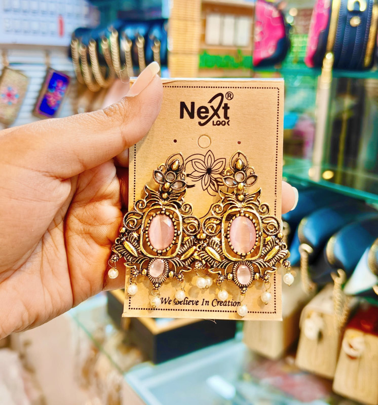 Antique Metal Soft Pink Stone and Pearl Drop Earrings