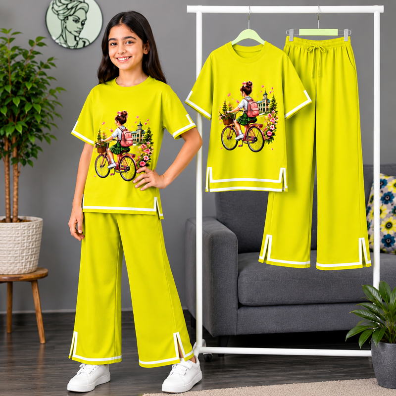 Kids Premium Cotton Half Sleeve T-Shirt & Pant Set - Chartreuse Green