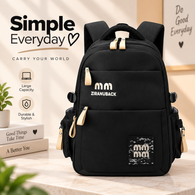 Natural Fish Simple Casual Oxford Backpack (Black) – Unisex Japan Style Softback Daypack with 20-36L Large Capacity, Solid Color & Durable Daily Travel Design (29x13x45 cm)