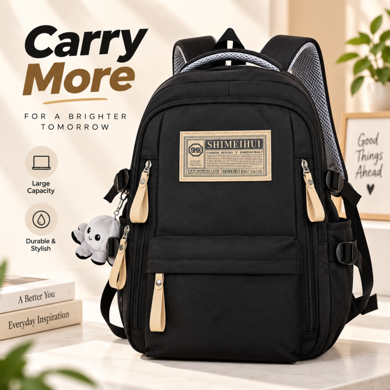 Aesthetic Large Capacity Black Backpack – Stylish Waterproof Casual Daypack with Multiple Spacious Compartments & Durable Easy-to-Clean Fabric for School, Travel & Daily Use