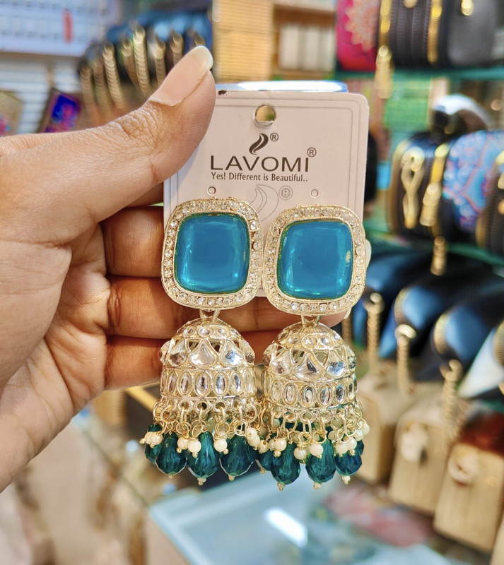 Premium Square Sky Blue & Dark Teal Blue Stone Kundan Jhumka Earrings (Square Sky Blue & Teal Blue Kundan Jhumka Earrings)